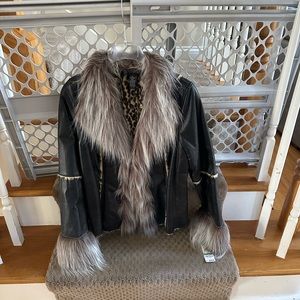 INC International Concepts Black Leather Jacket with Gray Fur Trim